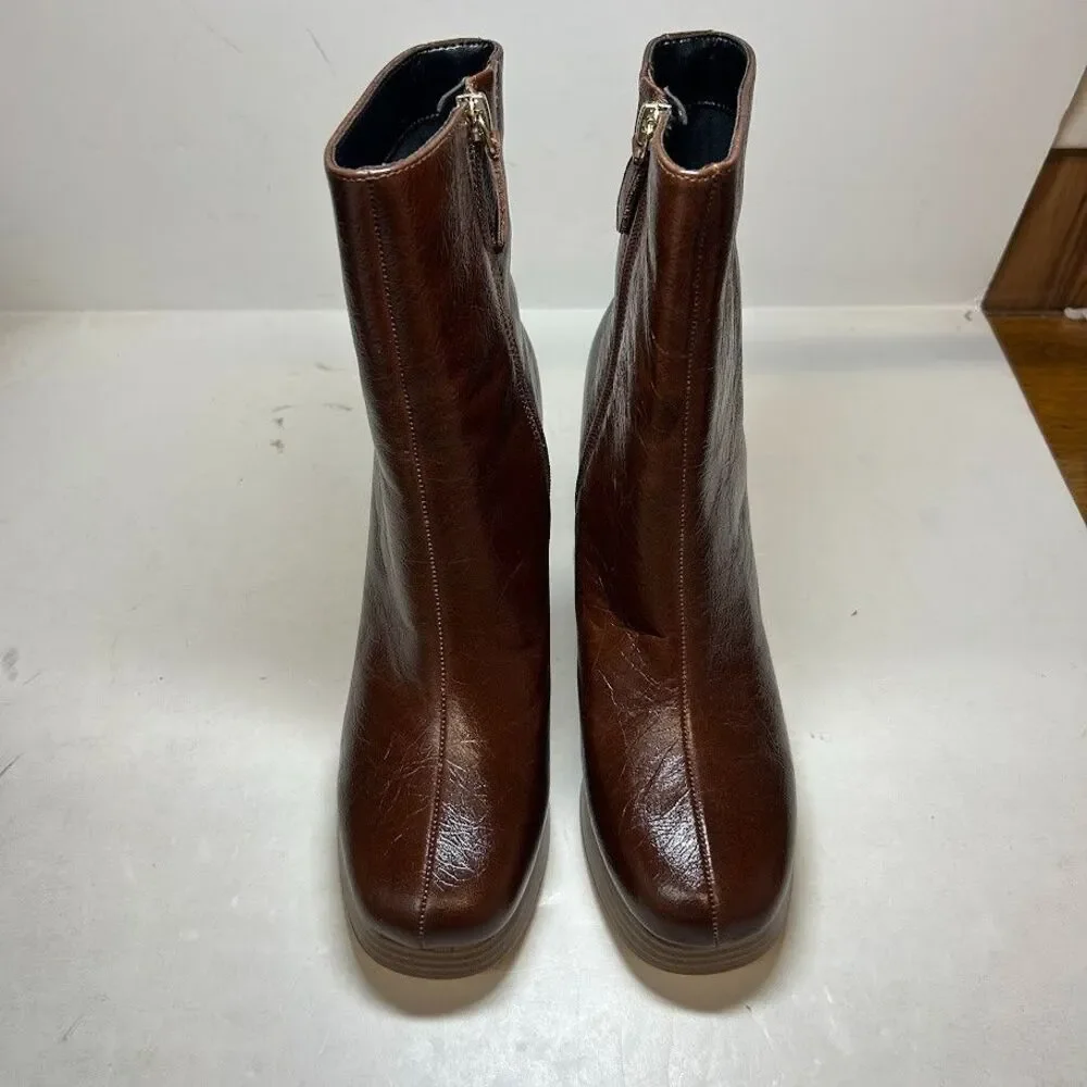 Guess Womens 7.5 M Medium Brown Leather Danca Platform Ankle Boots NIB RZ9